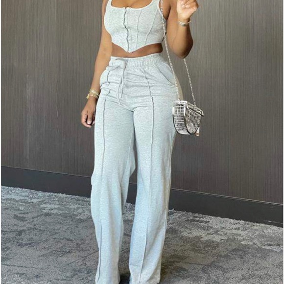 TOP DRAWSTRING WIDE LEG PANTS SET - Picture 3 of 3